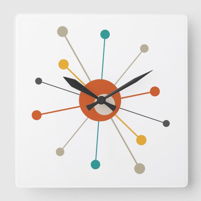 Colourful Atomic Age Starburst Mid Century Modern Square Wall Clock (Front)