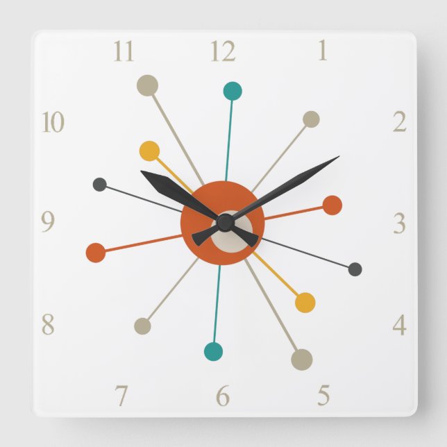 Colourful Atomic Age Starburst Numbers Mid Century Square Wall Clock (Front)