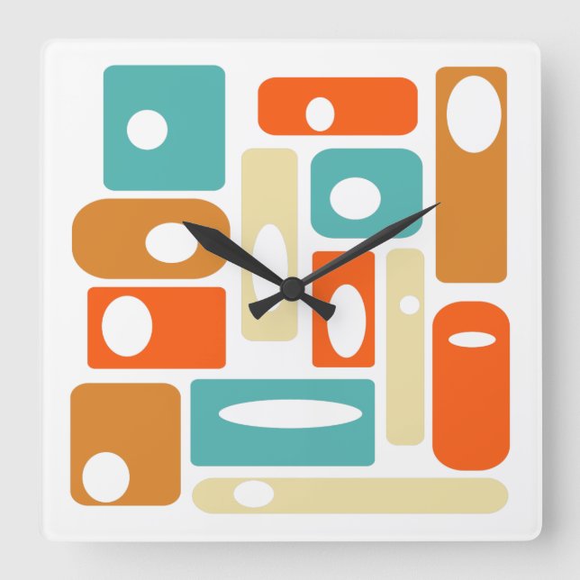 Colourful Atomic Rectangles Mid Century Vintage Square Wall Clock (Front)