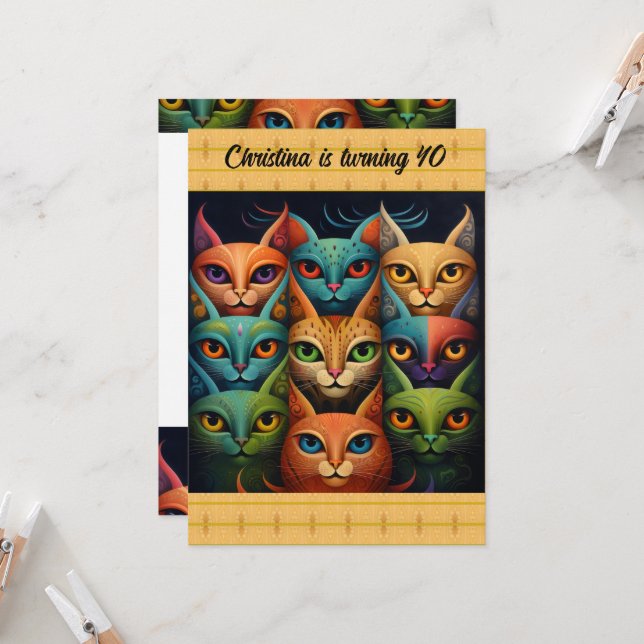Colourful Attitude Cat Birthday Invitation (Front/Back In Situ)