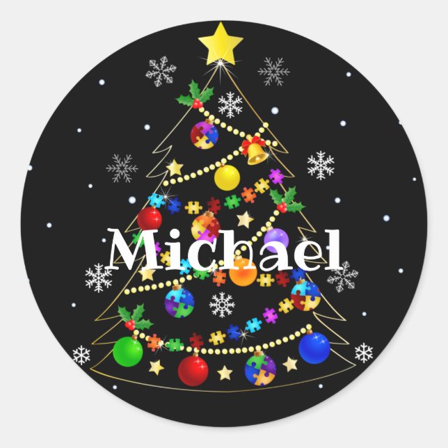 Colourful Autism Christmas Tree Classic Round Sticker (Front)