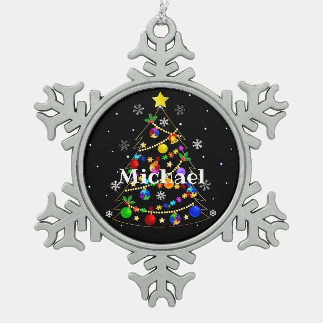 Colourful Autism Christmas Tree Snowflake Pewter Christmas Ornament (Front)