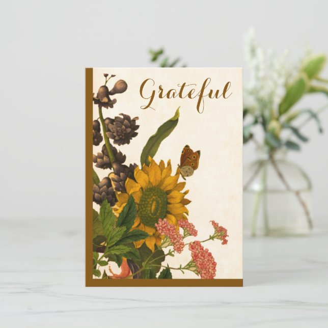Colourful Autumn Brown Flowers Happy Thanksgiving Holiday Card (Standing Front)
