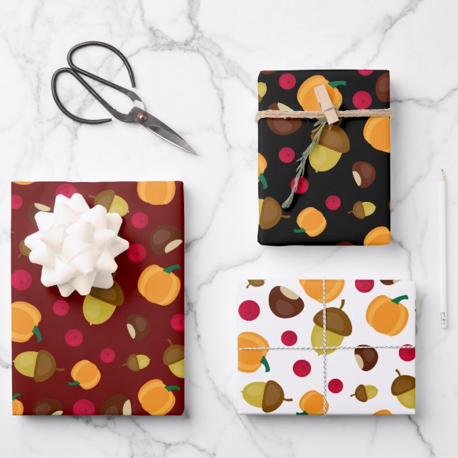 Colourful Autumn Fall Pumpkin Berries Pattern Wrapping Paper Sheet (Front)
