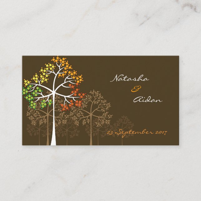 Colourful Autumn Fall Trees On Brown Wedding Party Place Card (Front)