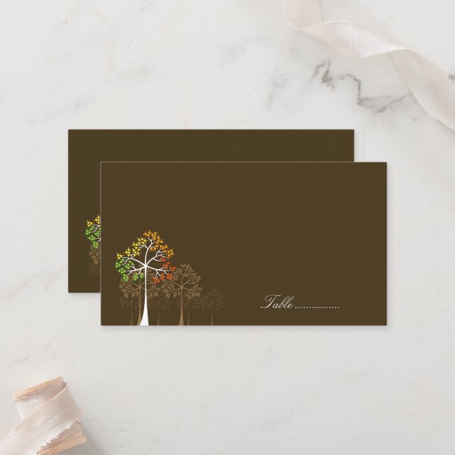 Colourful Autumn Fall Trees On Brown Wedding Party Place Card (Front/Back In Situ)