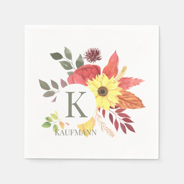 Colourful Autumn Floral Bouquet Monogrammed Paper Napkin (Front)