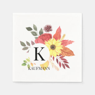 Colourful Autumn Floral Monogrammed Paper Napkin