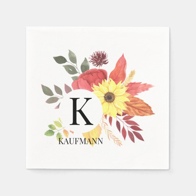 Colourful Autumn Floral Monogrammed Paper Napkin (Front)