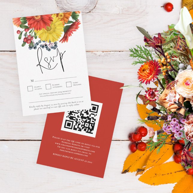 Colourful Autumn Florals QR Code Wedding  RSVP Card (Creator Uploaded)
