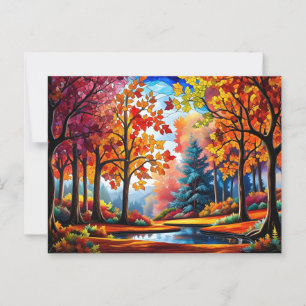 Colourful Autumn Forest Stained Glass Illustration Postcard