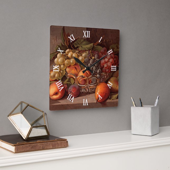 Colourful Autumn Fruit Antique Still Life Painting Square Wall Clock (Office)