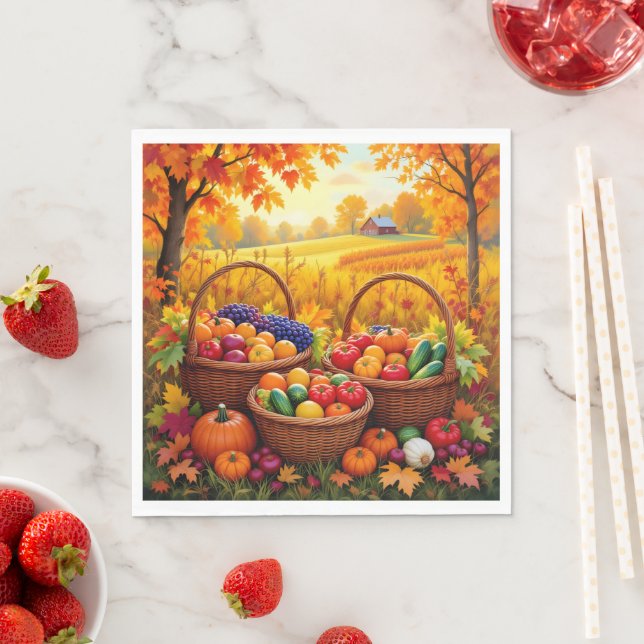 Colourful Autumn Harvest Baskets Napkin (Insitu)