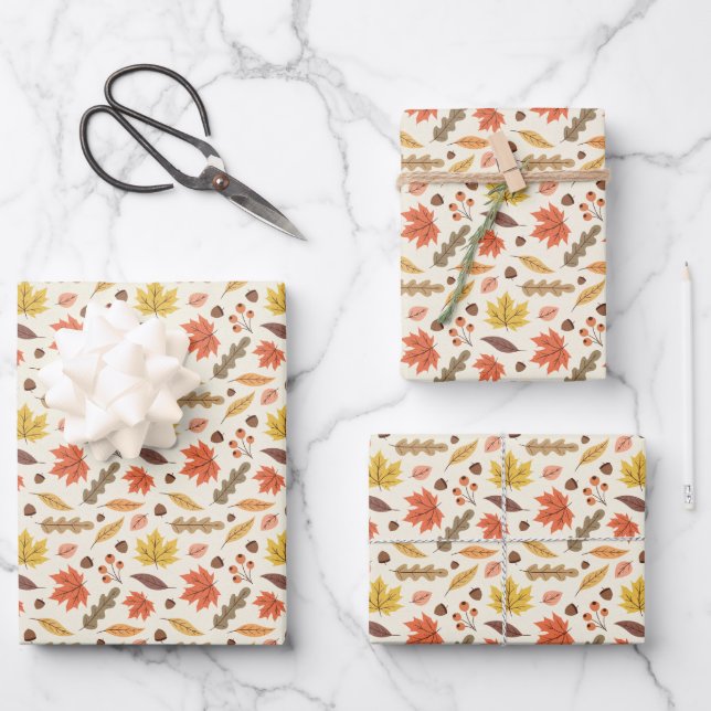 Colourful Autumn Leaf Fall Pattern Wrapping Paper Sheet (Front)