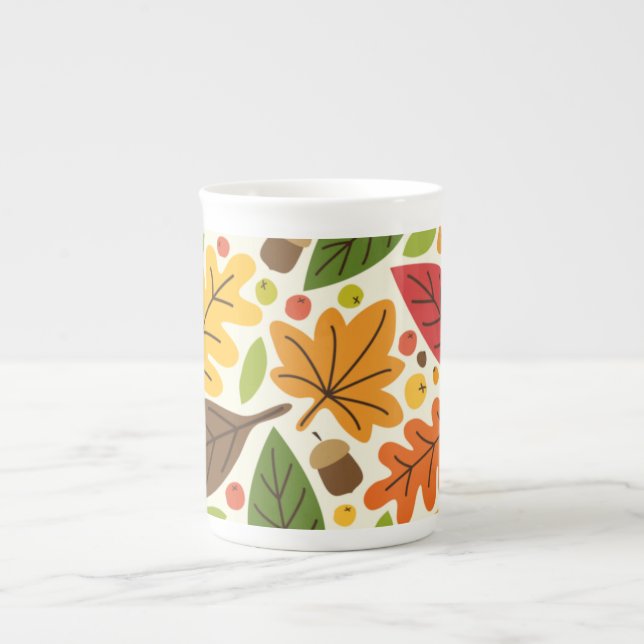 Colourful Autumn Leaves and Acorns Pattern Bone China Mug (Front)