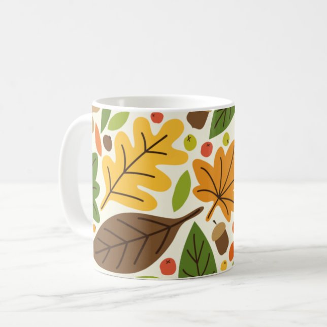 Colourful Autumn Leaves and Acorns Pattern Coffee Mug (Front Left)