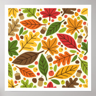 Colourful Autumn Leaves and Acorns Pattern Poster