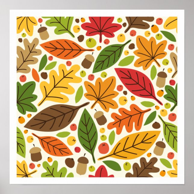 Colourful Autumn Leaves and Acorns Pattern Poster (Front)