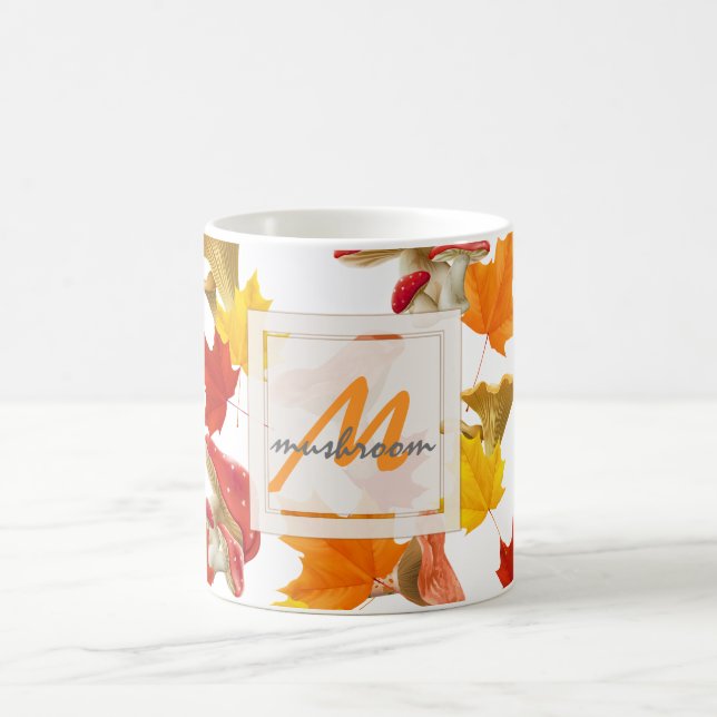 Colourful Autumn Leaves and Mushrooms Monogram Coffee Mug (Center)