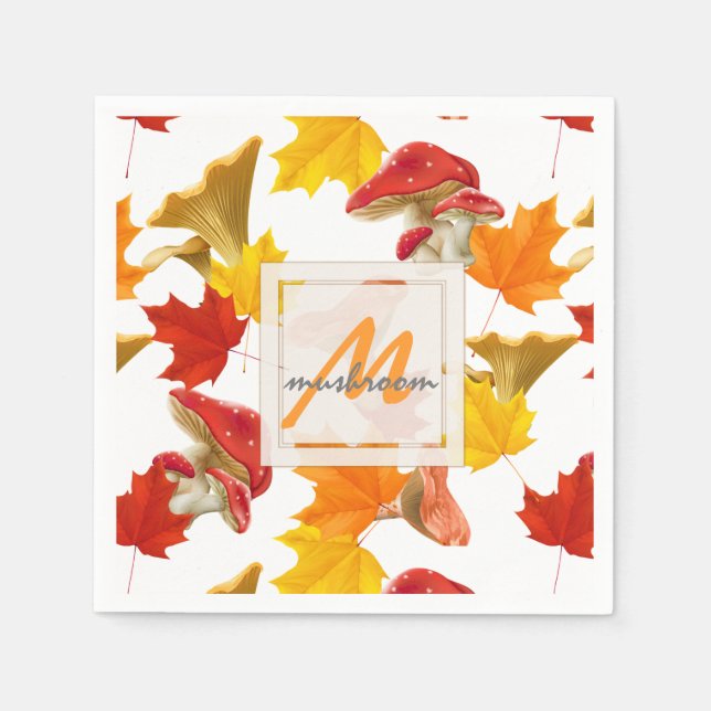 Colourful Autumn Leaves and Mushrooms Monogram Napkin (Front)