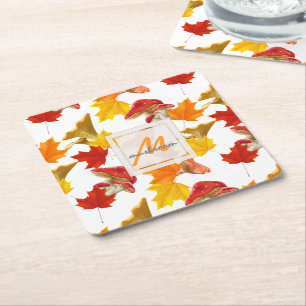 Colourful Autumn Leaves and Mushrooms Monogram Square Paper Coaster