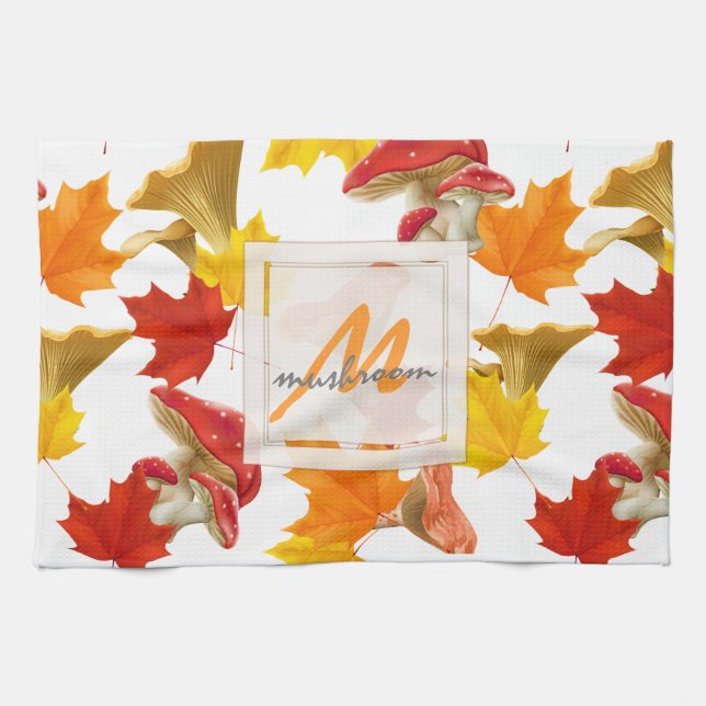 Colourful Autumn Leaves and Mushrooms Monogram Tea Towel (Horizontal)