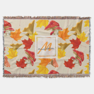 Colourful Autumn Leaves and Mushrooms Monogram Throw Blanket