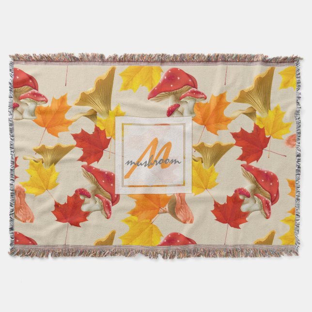 Colourful Autumn Leaves and Mushrooms Monogram Throw Blanket (Front)