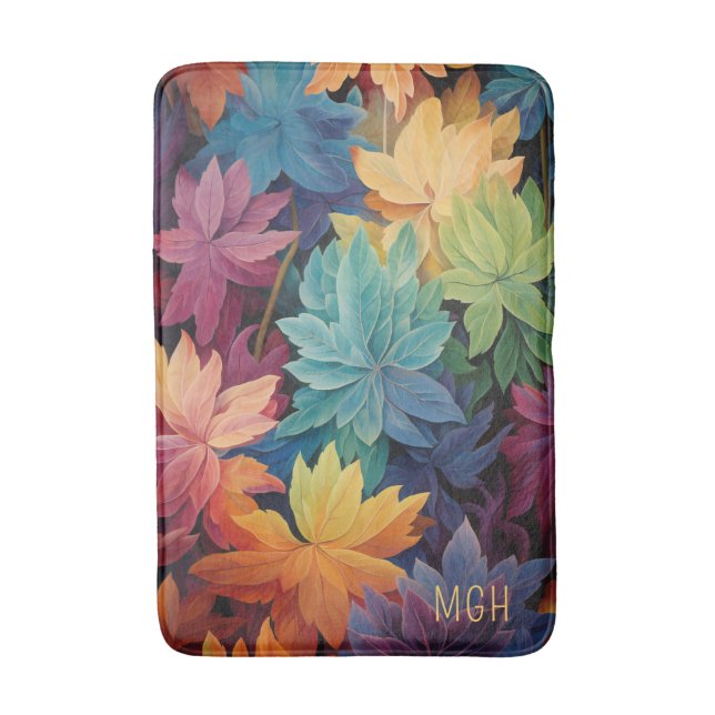 Colourful Autumn Leaves Custom Monogram Bath Mat (Front Vertical)