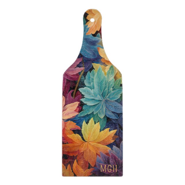 Colourful Autumn Leaves Custom Monogram Cutting Board (Front)
