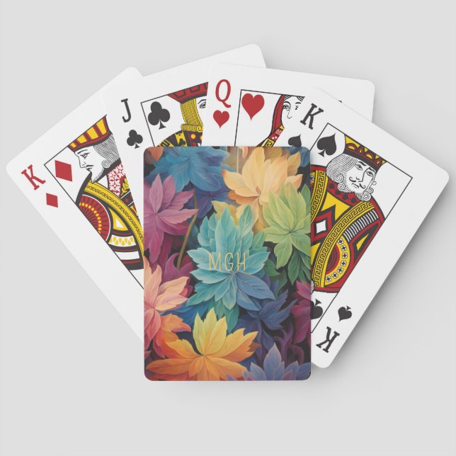 Colourful Autumn Leaves Custom Monogram Playing Cards (Back)