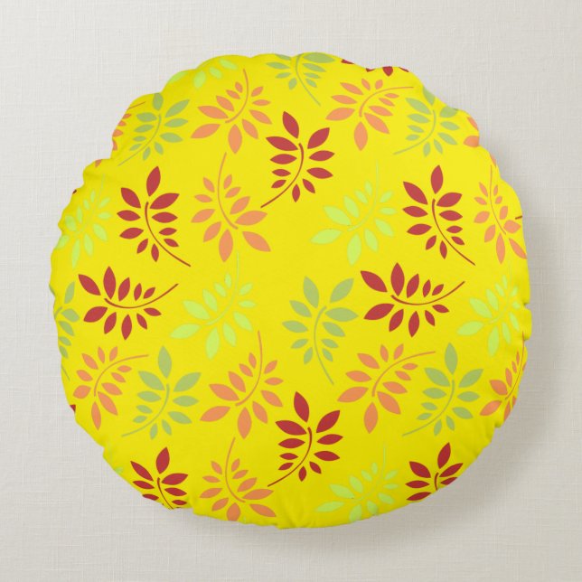 Colourful Autumn Leaves in Warm Tones Round Cushion (Front)