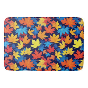 Colourful Autumn Leaves On Dark Blue Background Bath Mat