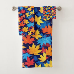 Colourful Autumn Leaves On Dark Blue Background Bath Towel Set