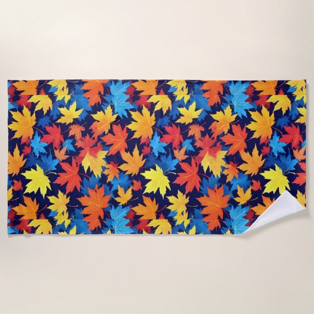 Colourful Autumn Leaves On Dark Blue Background Beach Towel (Front)
