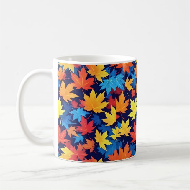Colourful Autumn Leaves On Dark Blue Background Coffee Mug (Left)