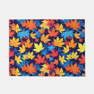 Colourful Autumn Leaves On Dark Blue Background Doormat