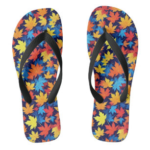 Colourful Autumn Leaves On Dark Blue Background Flip Flops