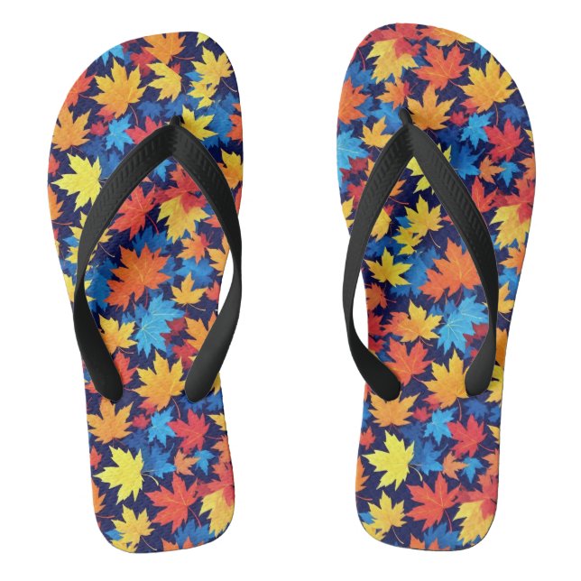 Colourful Autumn Leaves On Dark Blue Background Flip Flops (Footbed)