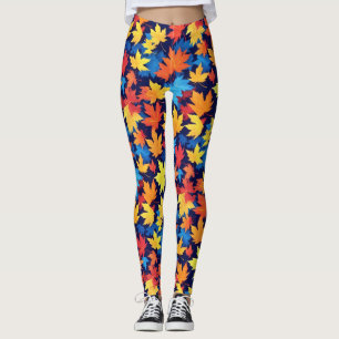 Colourful Autumn Leaves On Dark Blue Background Leggings