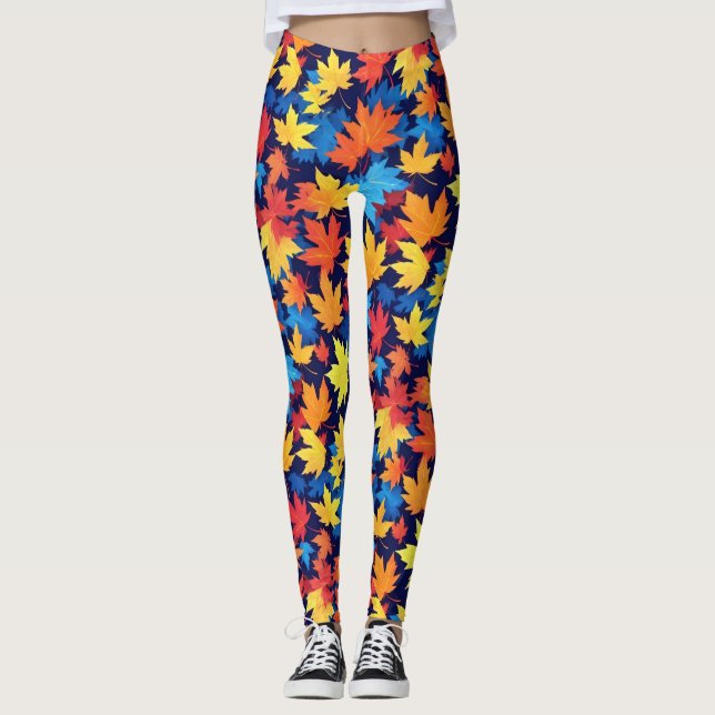 Colourful Autumn Leaves On Dark Blue Background Leggings (Front)