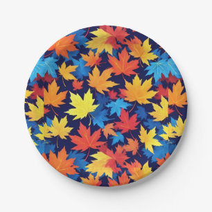 Colourful Autumn Leaves On Dark Blue Background Paper Plate