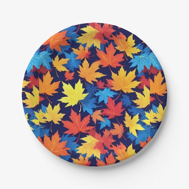 Colourful Autumn Leaves On Dark Blue Background Paper Plate (Front)