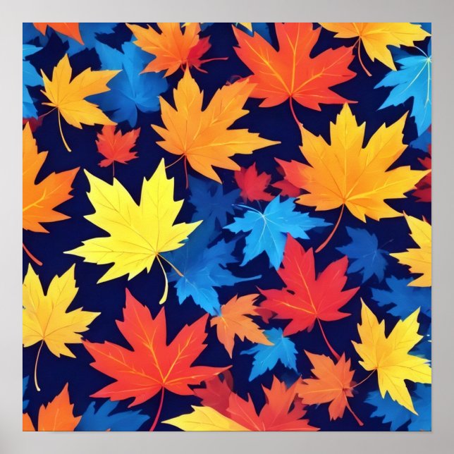 Colourful Autumn Leaves On Dark Blue Background Poster (Front)