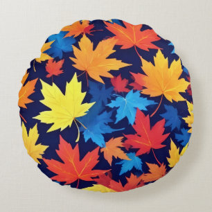 Colourful Autumn Leaves On Dark Blue Background Round Cushion
