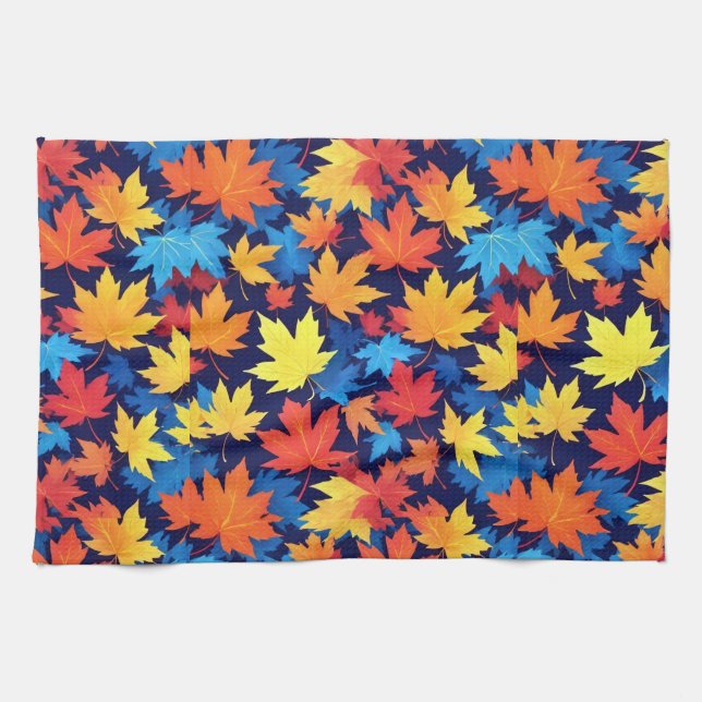Colourful Autumn Leaves On Dark Blue Background Tea Towel (Horizontal)