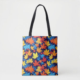 Colourful Autumn Leaves On Dark Blue Background Tote Bag