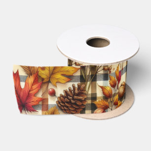 Colourful Autumn Leaves on Plaid Satin Ribbon