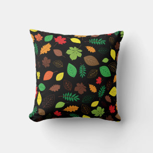 Colourful Autumn Leaves Pattern on Black Cushion