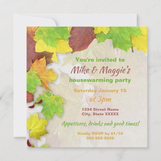 Colourful Autumn Leaves Printable Housewarming Invitation (Front)